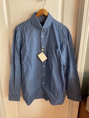 Luigi Borrelli Louis Boston - Blue & White Striped Men's Dress Shirt - 42 16.5